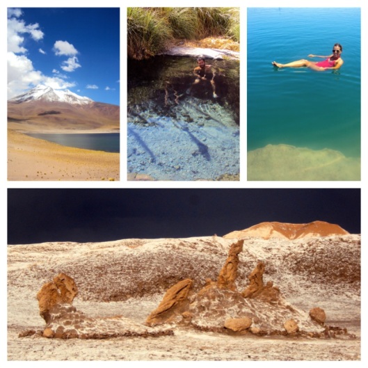 Clockwise from top left: Laguna Miscanti with Miñiques Volcano in the background; Gaspar in the crystal clear water at the Puritama Hot Springs; floating in Laguna Cejar, a lake in the Atacama salt flat with a high salt concentration; Las Tres Marias in the Valley of the Moon